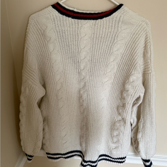 American Eagle Sz M Oversized Cable Knit Button-Up Cardigan Navy, Red & White - Picture 10 of 12